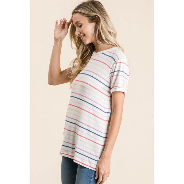 side view of Cream with multicolored stripes tee with rolled sleeves and crew neck.