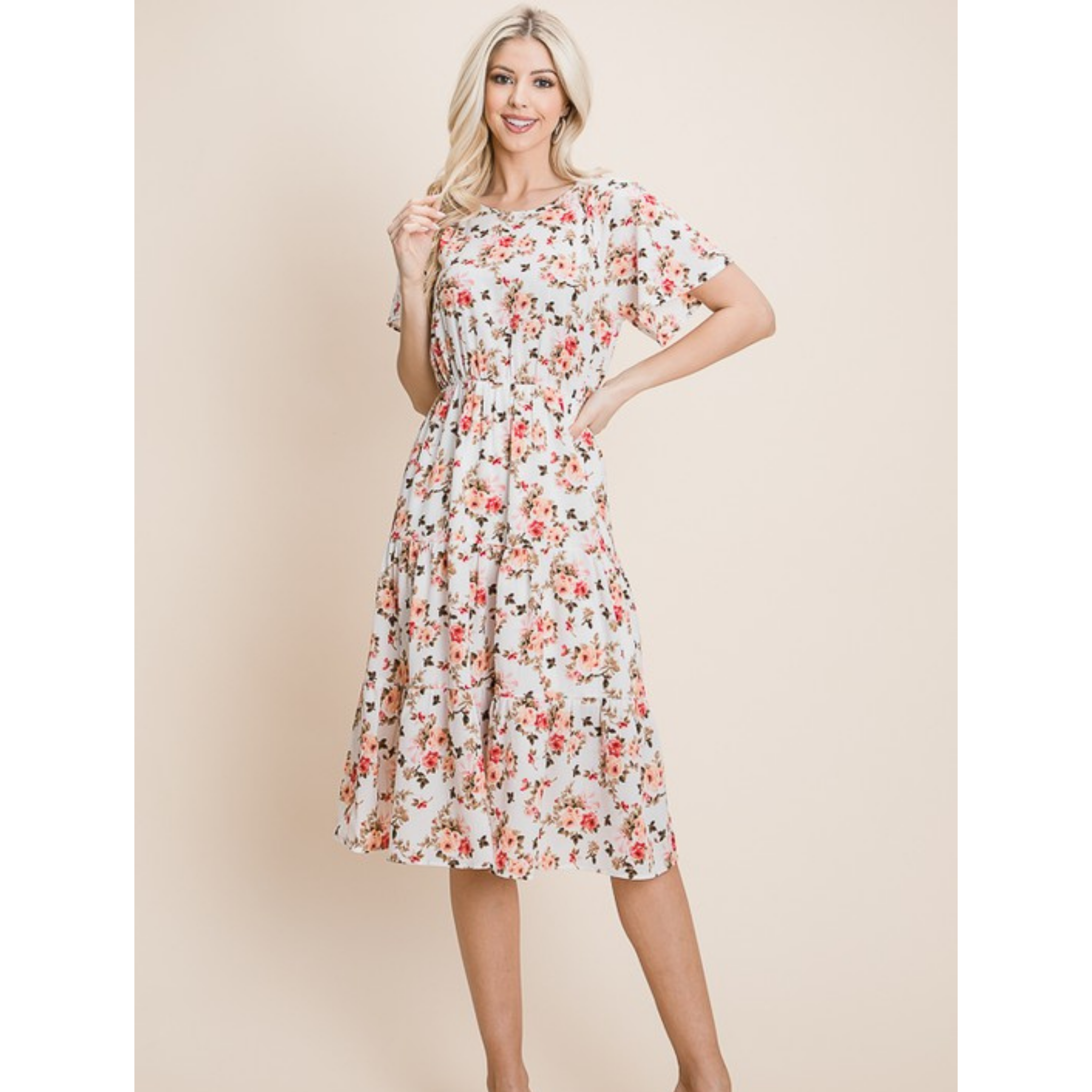 cream floral tiered midi dress with loose sleeves