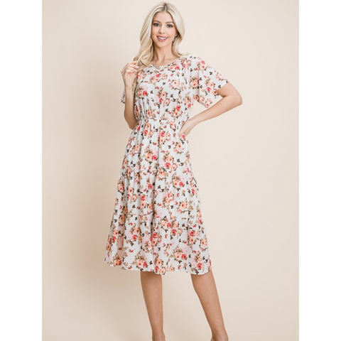 cream floral tiered midi dress with loose sleeves
