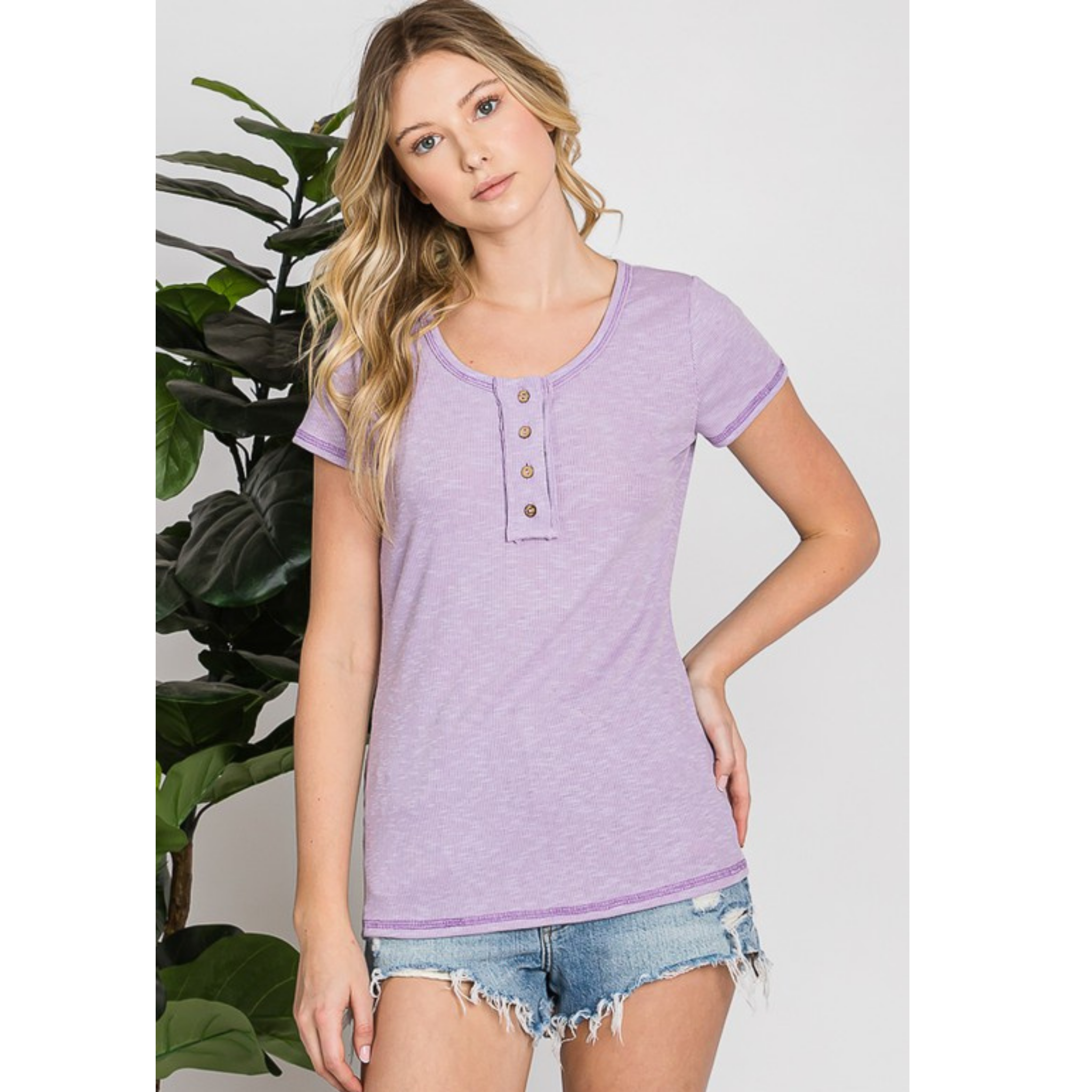 Ribbed Henley Top in Lilac