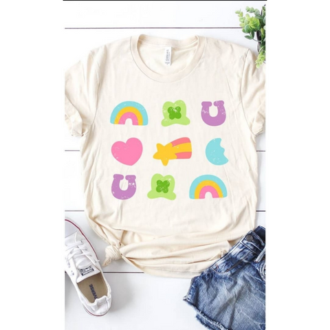 cream tee shirt with Lucky Charms Marshmallow pattern on front