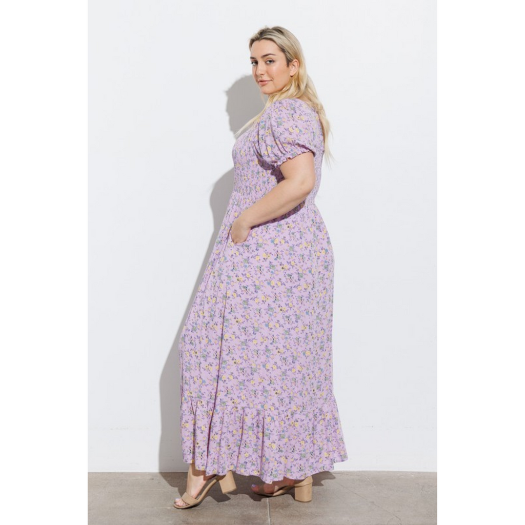Garden meandering lavender 2025 floral print maxi dress