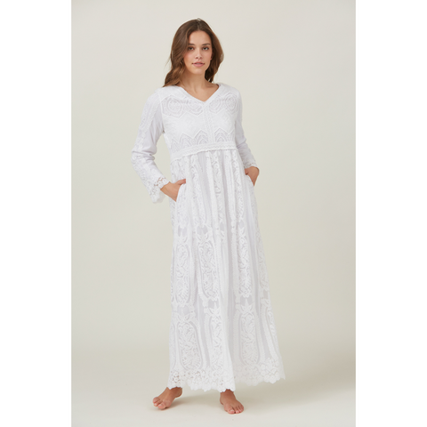 Hannah Embroidered White Lace Maxi Temple Dress