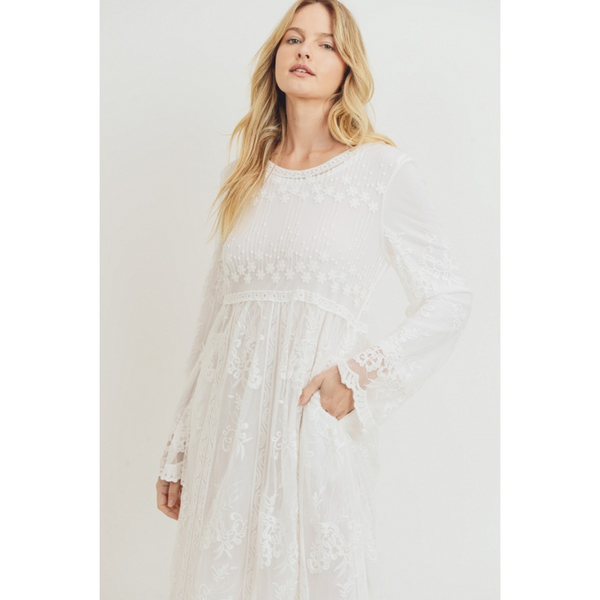 Jocelyn Embroidered White Lace Maxi Temple Dress