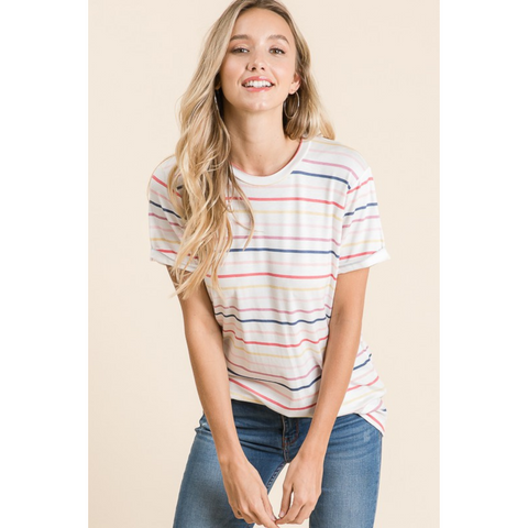 Cream with multicolored stripes tee with rolled sleeves and crew neck.