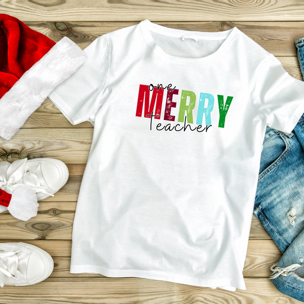 Colorful One Merry Teacher Christmas Graphic Tee